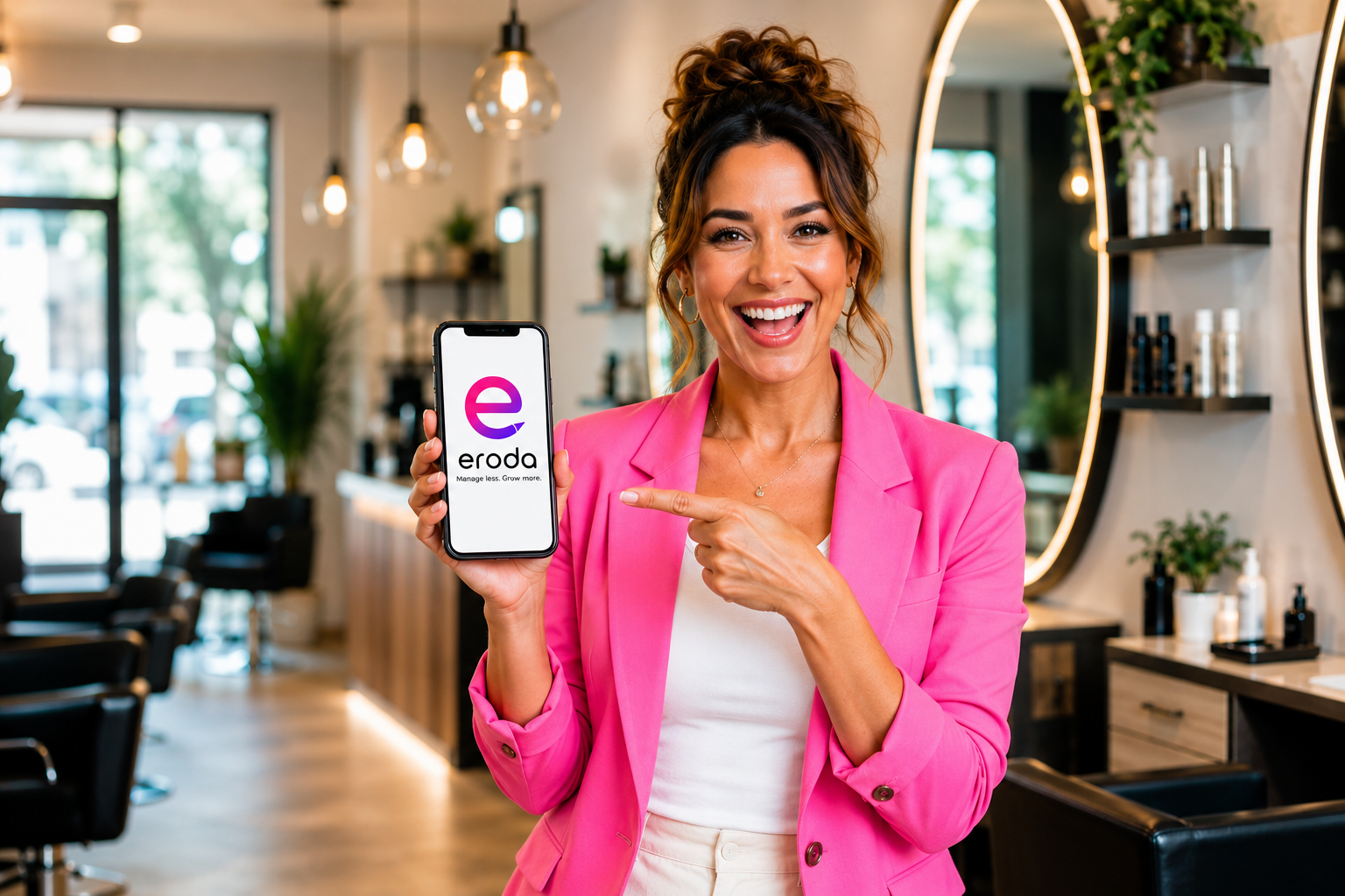 Salon owner smiling and holding a phone showing the Eroda app inside a bright, modern salon.